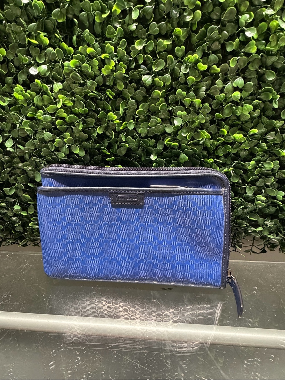 Coach Blue Signature Zip Wallet with Navy Trim - Picture 3 of 5